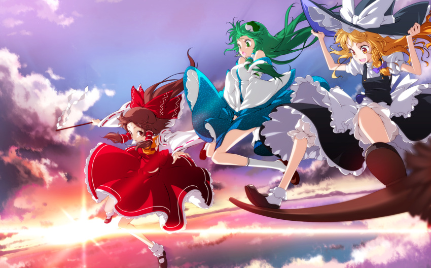 blonde_hair bloomers bobby_socks bow broom broom_surfing brown_eyes brown_hair cloud clouds detached_sleeves dress flying frog gohei green_eyes green_hair hair_bow hair_ornament hair_ribbon hair_tubes hakurei_reimu hand_on_hat hands_on_hat hat hong_(white_spider) kirisame_marisa kochiya_sanae loafers long_hair mary_janes miko multiple_girls payot ponytail red_dress shoes skirt skirt_tug sky snake socks sun sunset touhou twilight v_arms white_legwear witch witch_hat yellow_eyes