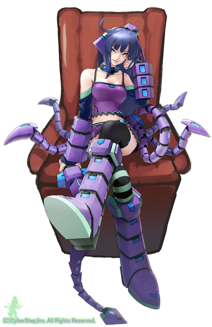 blue_eyes chair cosmic_break crossed_legs highres jewelry legs_crossed mecha_musume morizo_cs necklace purple_hair sitting sleeveless solo squidol_girl tank_top tentacle tentacles thigh-highs thighhighs whip zettai_ryouiki