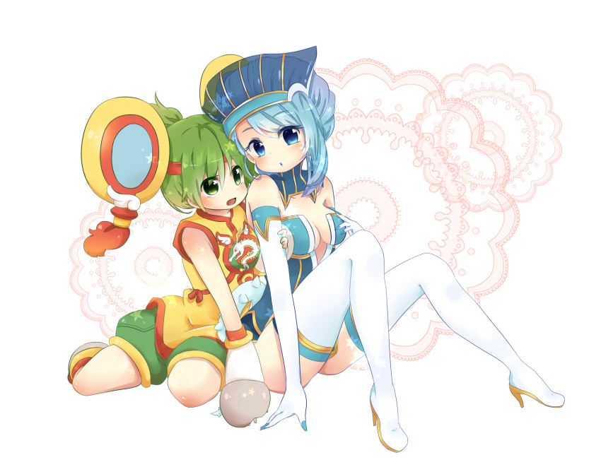 bad_id bare_shoulders blue_eyes blue_hair blue_rose_(tiger_&amp;_bunny) boots breasts chinese_clothes cleavage detached_sleeves dragon_kid earrings elbow_gloves fingernails fingernails_over_gloves gloves green_eyes green_hair high_heels highres huang_baoling jewelry karina_lyle kofa_(ikyurima) lipstick makeup matyurisu multiple_girls ponytail shoes short_hair shorts superhero thigh-highs thigh_boots thighhighs tiger_&amp;_bunny
