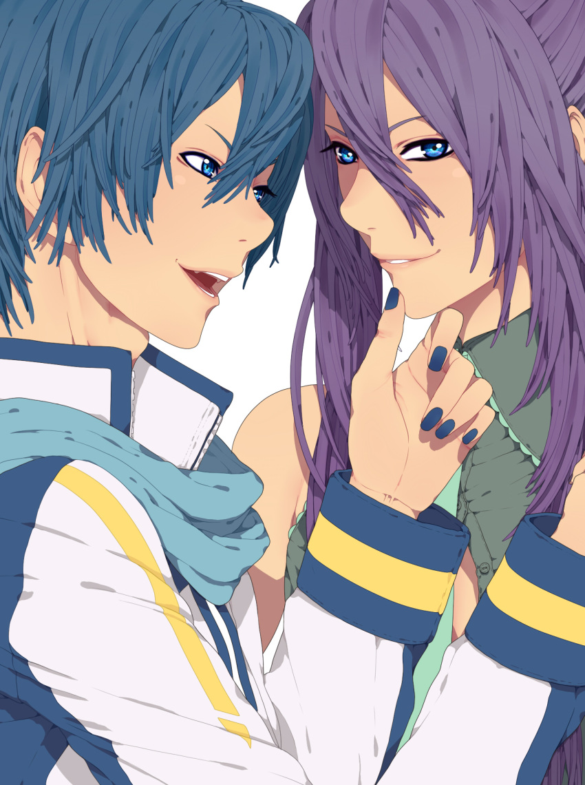 blue_eyes blue_hair cosplay crossdressinging hatsune_miku hatsune_miku_(cosplay) highres kaito kamui_gakupo multiple_boys nail_polish nayu open_mouth purple_hair scarf simple_background smile vocaloid yaoi