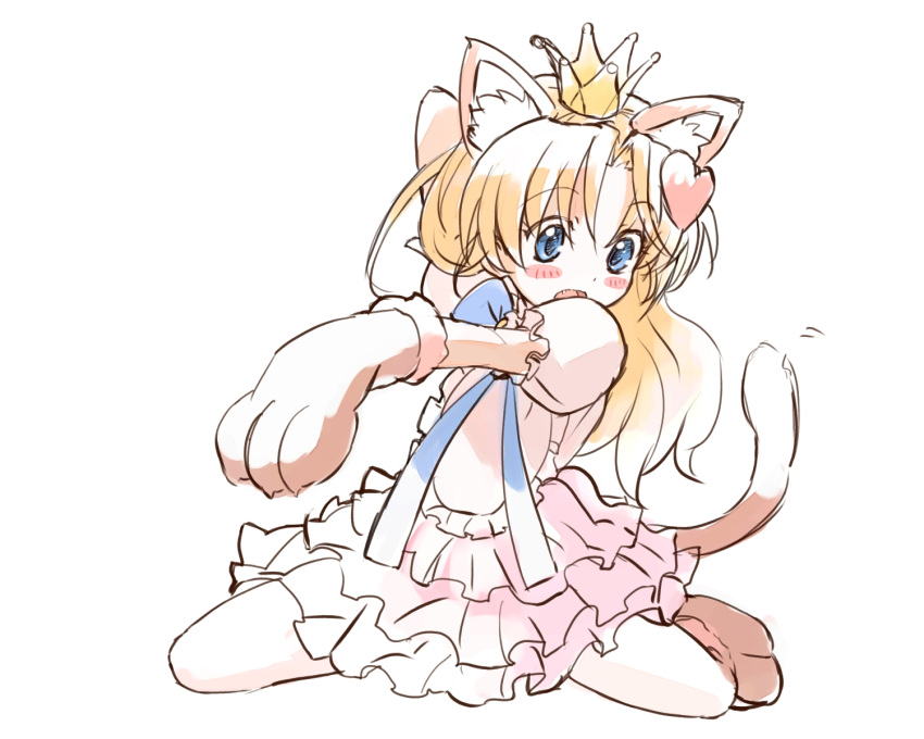 animal_ears animal_hat anyamal_tantei_kirumin_zoo bell blonde_hair blue_eyes blush blush_stickers cat cat_costume cat_ears cat_hat cat_paws cat_tail cosplay crown dress fang hair_ornament hat heart highres jewelpet_(series) jewelpet_tinkle jingle_bell long_hair looking_down mikogami_riko mikogami_riko_(cosplay) miria_marigold_mackenzie nyama open_mouth paws sitting solo tail twintails