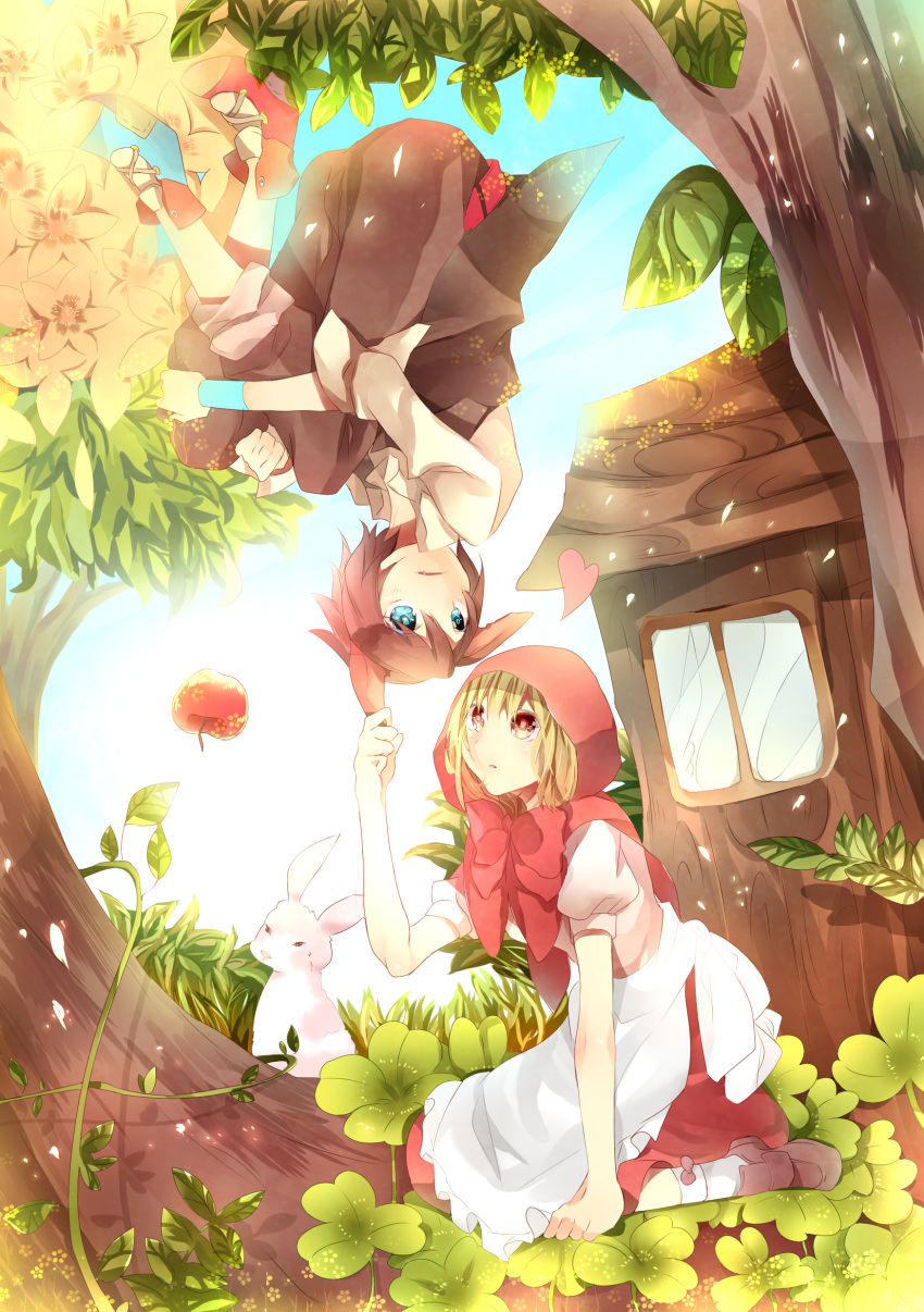 animal_ears apple apron arm_support armband bad_id blonde_hair blue_eyes bow brown_hair bunny clover floating food fruit heart heart-shaped_pupils highres hood hoode loafers original rabbit red_eyes shoes sitting symbol-shaped_pupils tatsumi3 tree upside-down