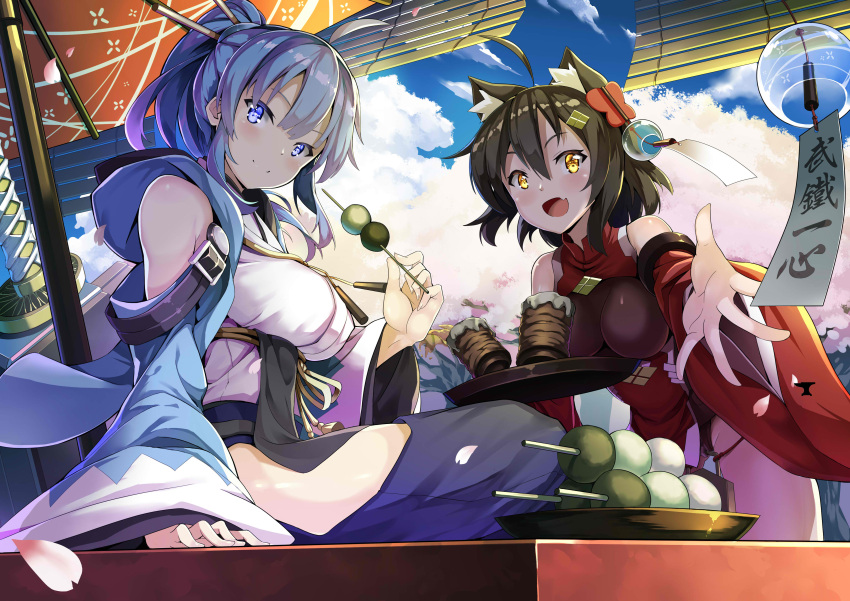 2girls :d absurdres animal_ears bangs bare_shoulders black_hair blue_eyes blue_hair blue_pants blue_sky blush breasts brown_leotard buckle cat_ears cherry_blossoms closed_mouth clouds commentary_request dango day detached_sleeves dress family_crest fang fingernails food from_below hair_between_eyes hair_ornament hair_stick haori high_ponytail highres hip_vent holding holding_food japanese_clothes jie_laite katana kimono large_breasts leaning_forward leotard long_hair long_sleeves looking_at_viewer looking_to_the_side medium_hair multiple_girls open_mouth original outdoors outstretched_arm outstretched_hand pants petals ponytail reaching_out red_dress shade shinsengumi shiny shiny_hair sidelocks sitting sky smile spill sword translation_request tray tree wagashi weapon white_kimono wide_sleeves wind wind_chime yellow_eyes