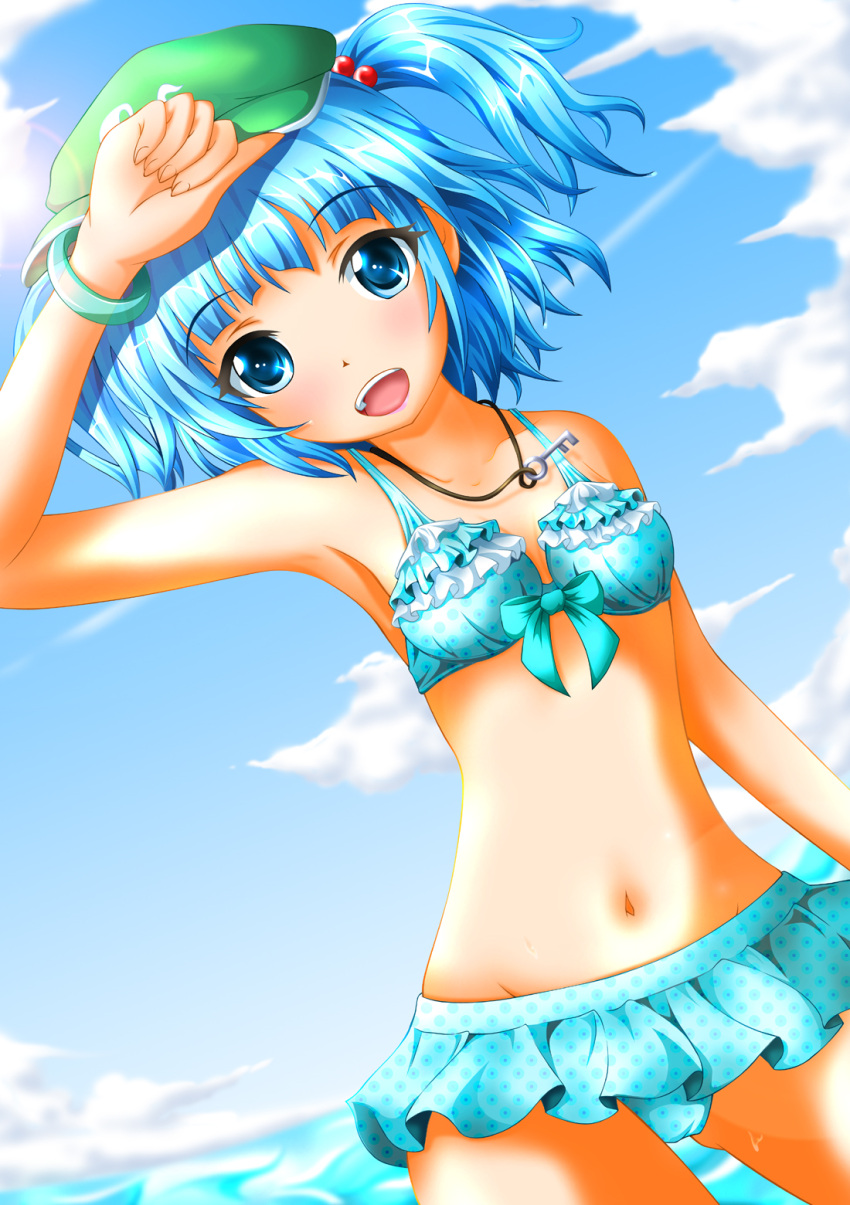 1girl alternate_costume arm_up bikini blue_bikini blue_eyes blue_hair blue_sky bracelet clouds frilled_bikini frills hair_bobbles hair_ornament hat highres jewelry kawashiro_nitori key looking_at_viewer navel neats necklace open_mouth sky smile solo swimsuit touhou twintails