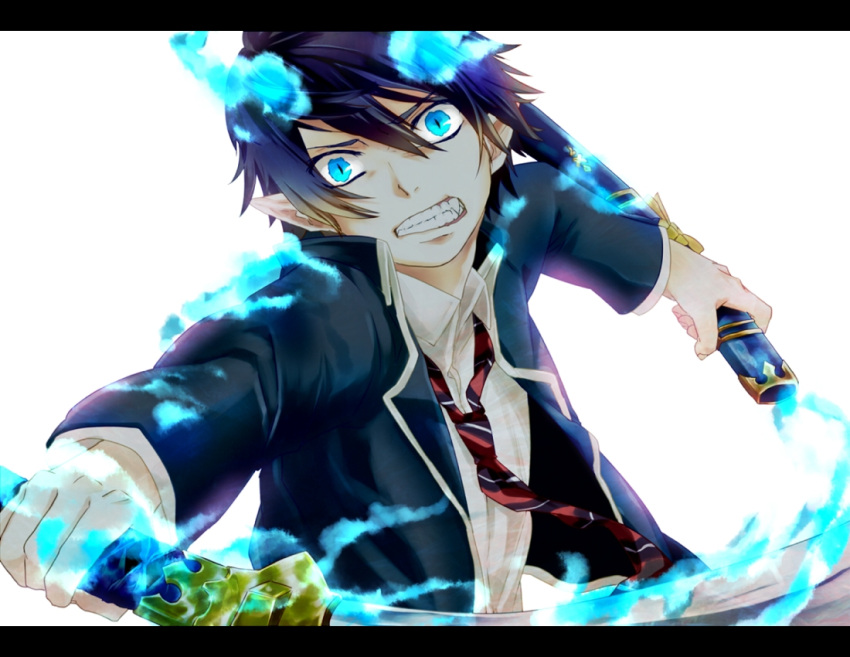 ao_no_exorcist blue_eyes blue_hair fang male necktie okumura_rin pointy_ears simple_background solo striped striped_necktie sword weapon wooooow