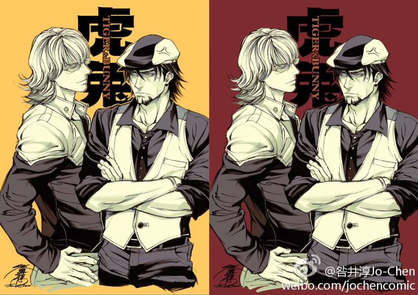 anger_vein artist_name barnaby_brooks_jr brown_eyes brown_hair cabbie_hat crossed_arms facial_hair glasses hand_on_hip hat hips jacket jo_chen kaburagi_t_kotetsu male monochrome multiple_boys necktie realistic red_background short_hair signature stubble tiger_&amp;_bunny vest watermark web_address yellow yellow_background