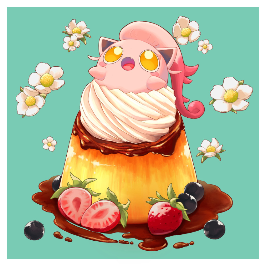 :o absurdres berry border bright_pupils chocolate commentary el_(lwlczs) fangs flower food fruit green_background highres open_mouth pokemon pudding scream_tail strawberry strawberry_slice tongue white_border white_flower yellow_eyes