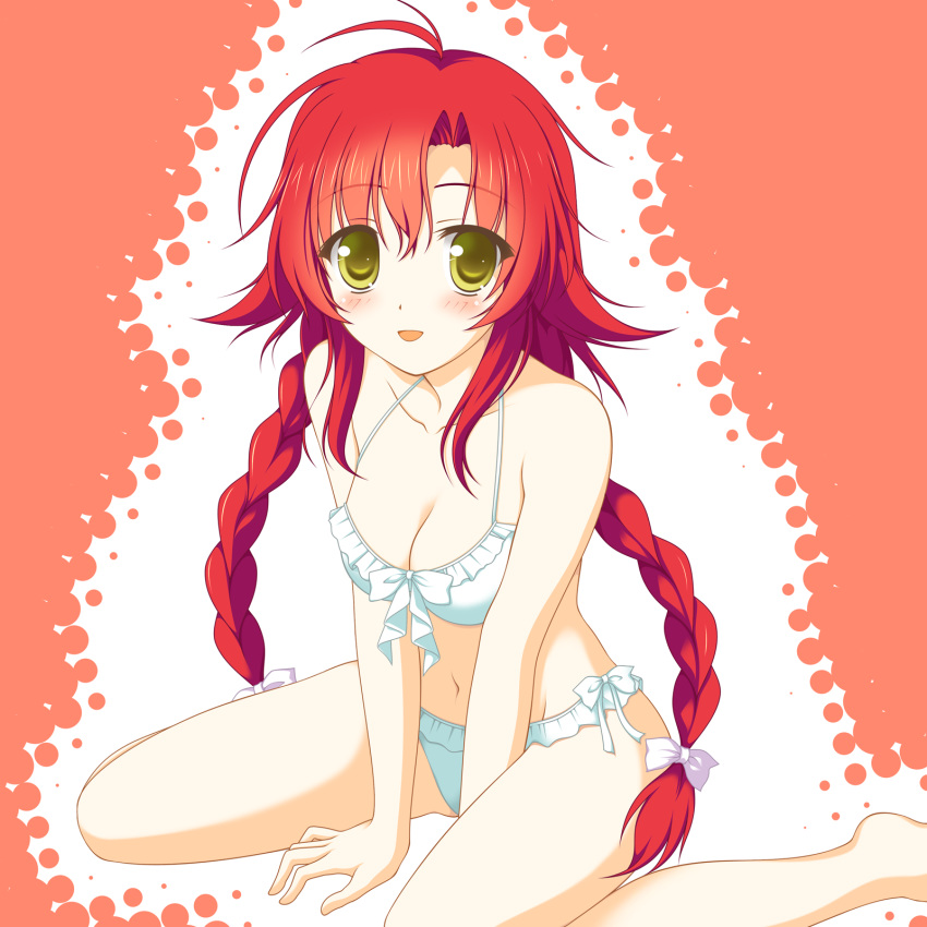 :d artist_request bikini blush bow braid breasts green_eyes hazel_eyes highres irotoridori_no_sekai kakesu long_hair minami_kana_(irotoridori_no_sekai) navel open_mouth red_hair ribbon sitting smile source_request swimsuit twin_braids wariza