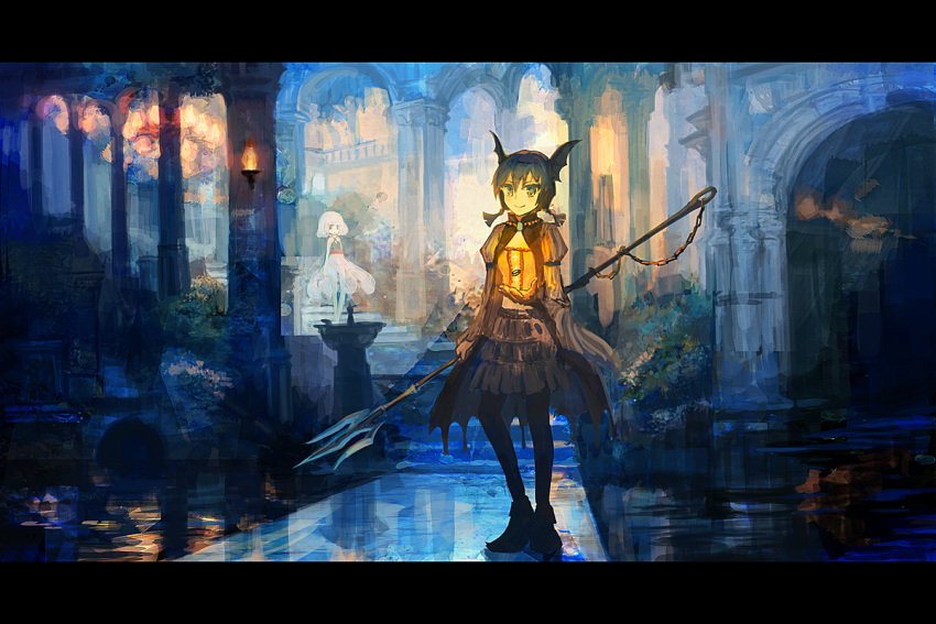 arch blue_hair chandelier color_contrast column hatoya_hato head_wings letterboxed multiple_girls original pillar polearm short_hair smile spear stairs trident weapon white_hair