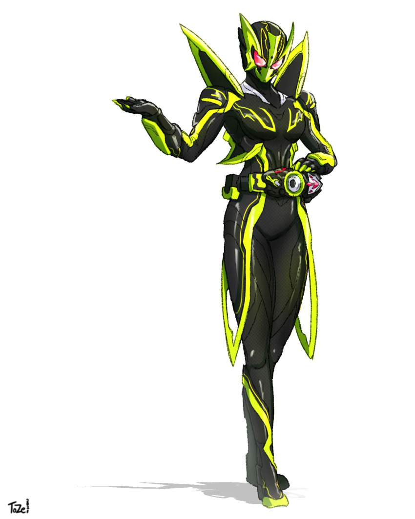 1girl alternate_costume alternate_universe armor breasts cowboy_shot driver fake_horns full_body glowing glowing_eyes green_armor helmet highres horned_helmet horns is_(kamen_rider_01) kamen_rider kamen_rider_01_(series) kamen_rider_zero-two medium_breasts pose red_eyes rider_belt shining_hopper signature spiked_armor to_ze white_background