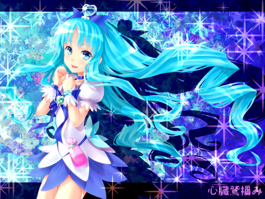 bad_id blue blue_background blue_eyes blue_hair cabbaco choker cure_marine futari_wa_pretty_cure heart heartcatch_precure! heartcatch_pretty_cure! highres kurumi_erika letterboxed long_hair magical_girl precure solo wrist_cuffs