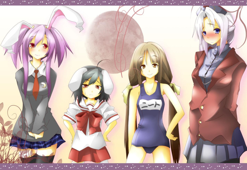 alternate_hairstyle animal_ears blue_eyes brown_eyes brown_hair bunny_ears contemporary hat houraisan_kaguya inaba_tewi jpeg_artifacts long_hair necktie one-piece_swimsuit purple_hair rabbit_ears red_eyes reisen_udongein_inaba school_swimsuit school_uniform short_hair silver_hair swimsuit thigh-highs thighhighs to-hou_eiyasyou touhou twintails yagokoro_eirin zettai_ryouiki