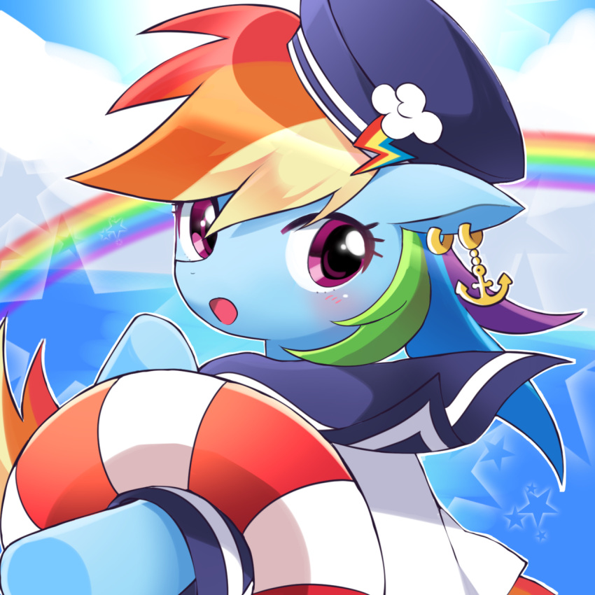 1girl :d :o anchor_earrings animal_ear_piercing animal_ears animification blue_fur blue_hat blue_sailor_collar blush commentary_request earrings from_behind furry furry_female hat highres hooves horse_ears horse_girl innertube jewelry long_hair looking_at_viewer looking_back multicolored_hair my_little_pony my_little_pony:_friendship_is_magic outstretched_arms personification rainbow rainbow_dash rainbow_hair ryuu_(ryuraconis) sailor_collar sailor_hat sailor_shirt shirt smile solo star_(symbol) swim_ring upper_body violet_eyes white_shirt