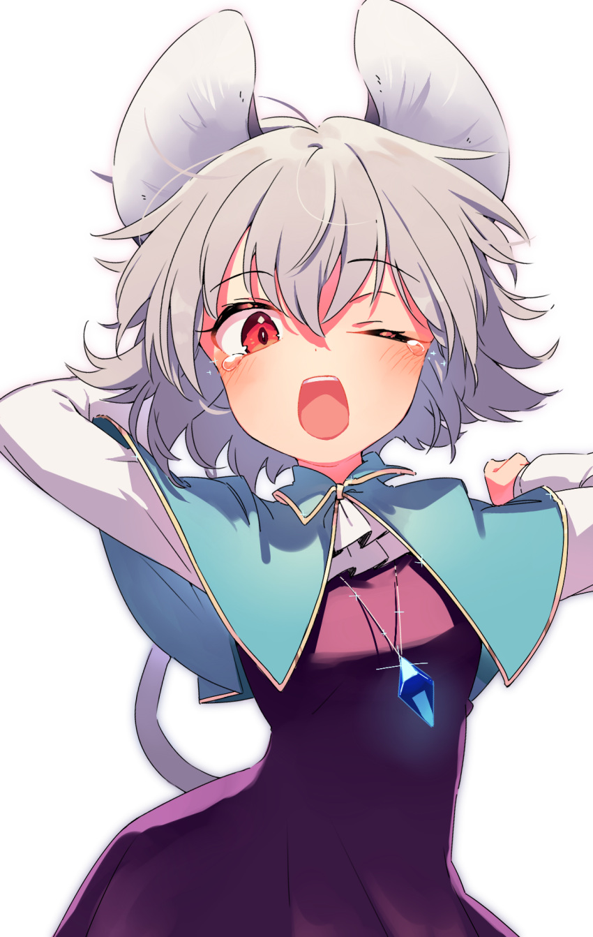 1girl animal_ears aqua_capelet black_dress capelet commentary_request dress grey_hair highres jewelry kibayashi_kimori looking_at_viewer mouse_ears mouse_girl mouse_tail nazrin one_eye_closed open_mouth pendant red_eyes short_hair simple_background solo stretching tail tearing_up touhou upper_body white_background yawning