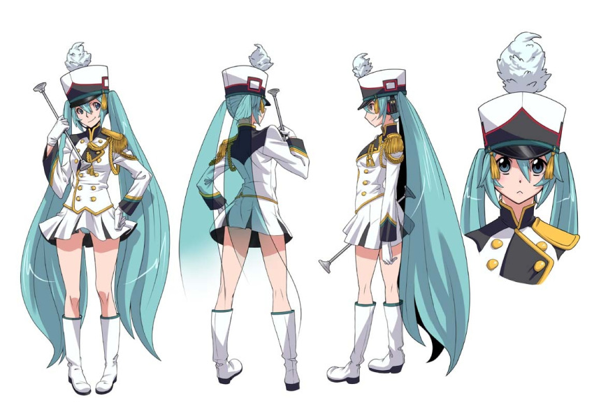 aqua_hair band_uniform baton boots character_sheet hat hatsune_miku hirabaru_kenji kneepits legs long_hair majorette marching_band_baton panties shako_cap skirt turnaround twintails underwear uniform very_long_hair vocaloid