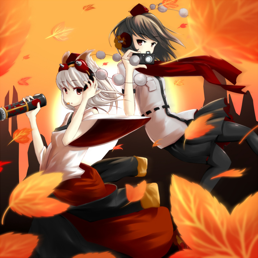 brown_hair camera hat highres inubashiri_momiji leaves red_eyes shameimaru_aya tokin_hat touhou white_hair xulhey