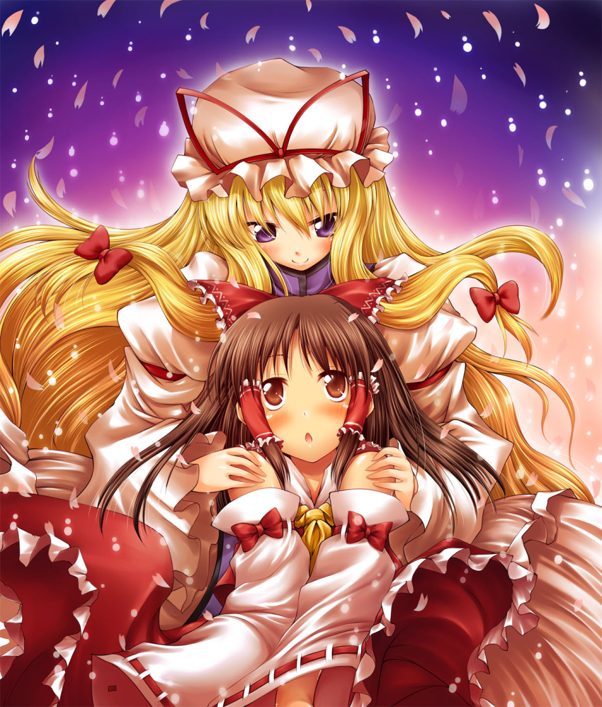 2girls :o bare_shoulders blonde_hair bow brown_eyes brown_hair detached_sleeves hair_bow hakurei_reimu hat highres long_hair looking_down looking_up multiple_girls murasaki_kajima petals purple_eyes touhou v_arms yakumo_yukari