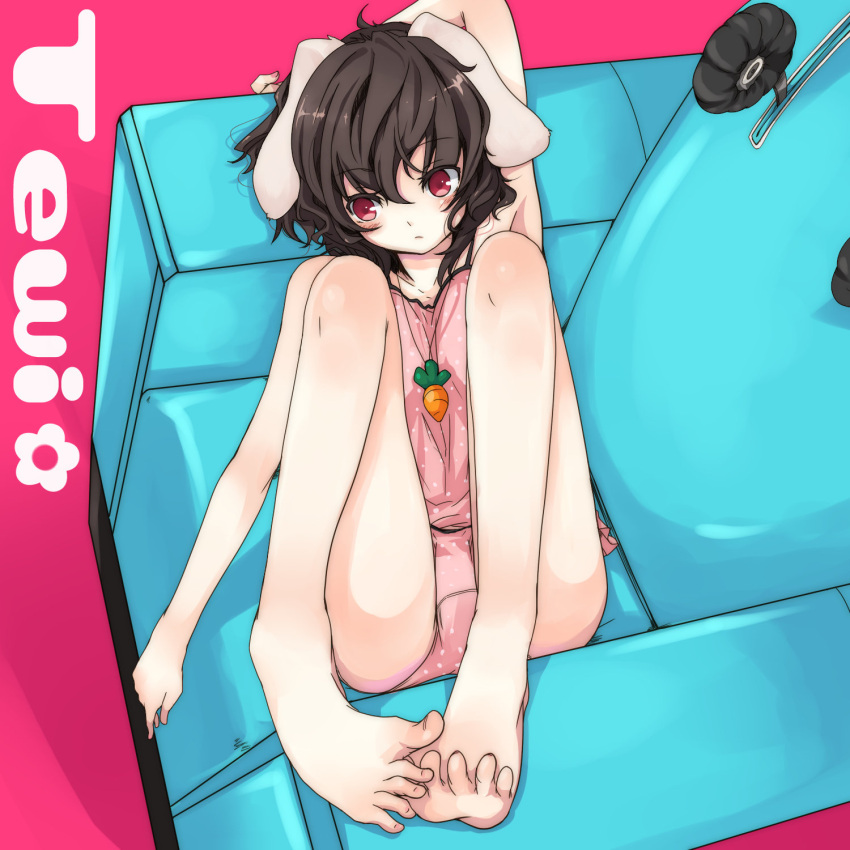 alternate_costume arm_up armpits bad_feet bare_shoulders barefoot black_hair blush brown_hair bunny_ears camisole carrot chair colored couch expressionless feet flower hand_behind_head highres inaba_tewi jewelry ko-&gt;u legs looking_away necklace panties polka_dot rabbit_ears red_eyes shadow simple_background solo toes touhou underwear yatosaki_haru