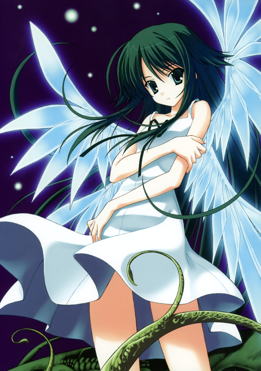 dress green_eyes green_hair highres long_hair nanao_naru ribbon saya saya_no_uta sundress wings