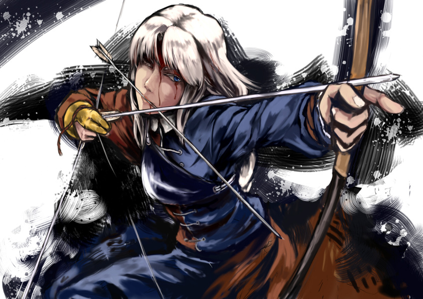 blood blue_eyes bow_(weapon) injury kouzilow long_hair mouth_hold silver_hair solo touhou weapon yagokoro_eirin