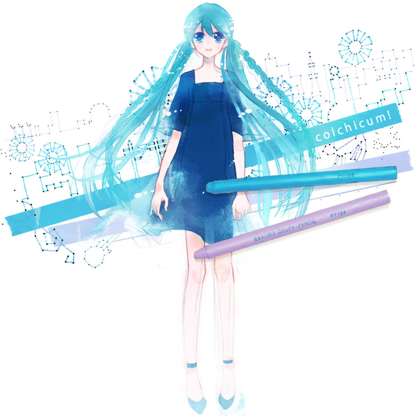 alternate_hairstyle aqua_eyes aqua_hair blue_eyes blue_hair braid colored_pencil dress hatsune_miku highres long_hair pencil solo twintails very_long_hair vocaloid yoshida_yoshitsugi yoshitsugi