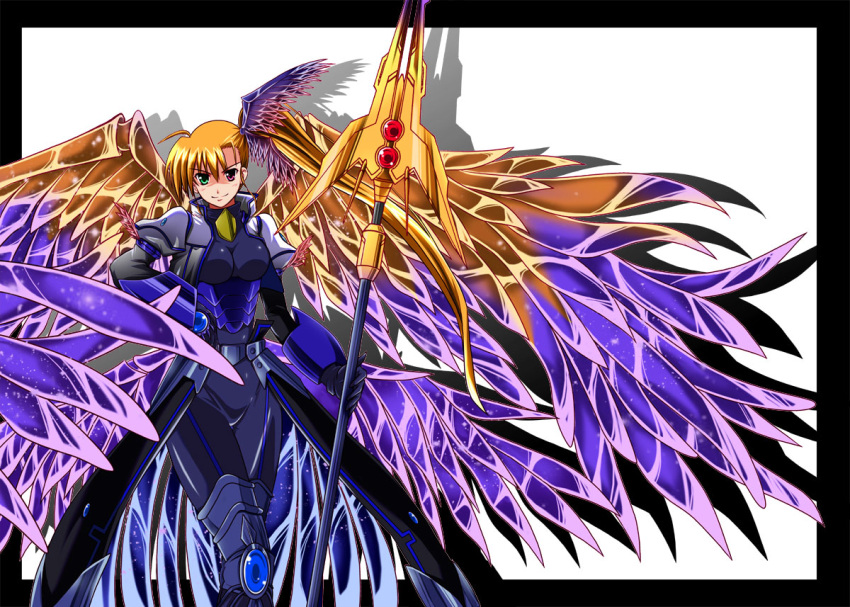 armor heterochromia mahou_shoujo_lyrical_nanoha mahou_shoujo_lyrical_nanoha_strikers staff vivio wings zakkii