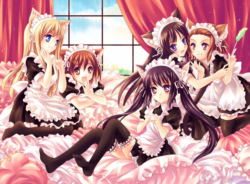 alternate_costume animal_ears black_eyes black_hair blonde_hair blue_eyes brown_eyes brown_hair cat_ears enmaided hirasawa_yui k-on! kemonomimi_mode kotobuki_tsumugi lilith_(lilithchan) long_hair maid nakano_azusa short_hair tainaka_ritsu thigh-highs thighhighs