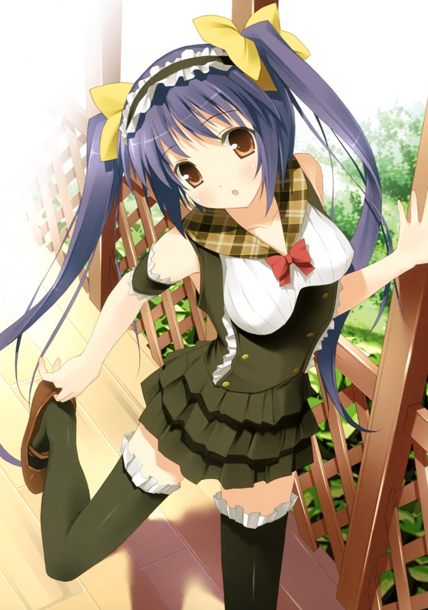 brown_eyes highres kantoku purple_hair putting_on_shoes thigh-highs thighhighs twintails