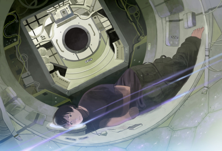 black_eyes black_hair cable international_space_station lens_flare lying notepad on_side original pen shiira short_hair solo spacecraft_interior window