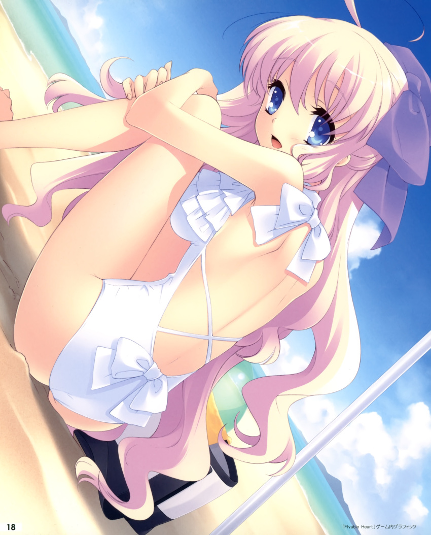 absurdres ahoge ass back bare_back beach blonde_hair blue_eyes blush bow breasts casual_one-piece_swimsuit cloud crossed_arms dutch_angle flyable_heart frilled_swimsuit frills from_behind hair_bow highres itou_noiji large_breasts leg_hug long_hair looking_back minase_sakurako ocan ocean official_art on_ground one-piece_swimsuit open_mouth parasol sand sitting sky smile solo swimsuit umbrella very_long_hair water wavy_hair white_swimsuit