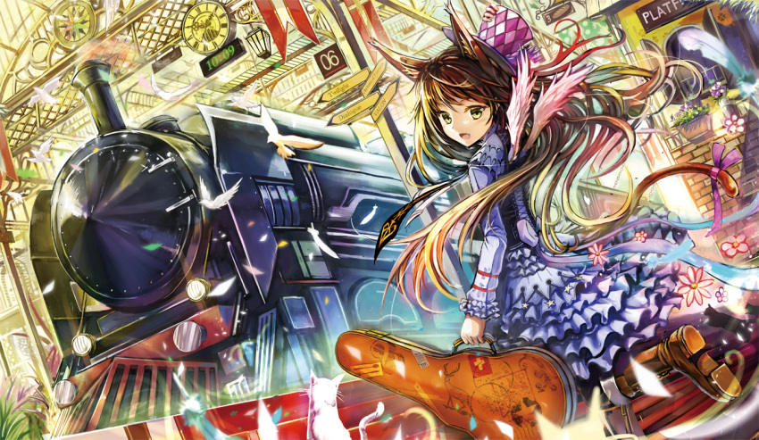 akabane_(zebrasmise) akebane animal animal_ears bird blonde_hair boots brown_hair cat cat_ears cat_tail clock cross-laced_footwear dove dress dutch_angle fang feathers flower frills green_eyes guitar_case hand_on_hat hat instrument_case lace-up_boots locomotive long_hair open_mouth original ribbon signpost smile solo steam_locomotive tail tail_ribbon train train_station wings