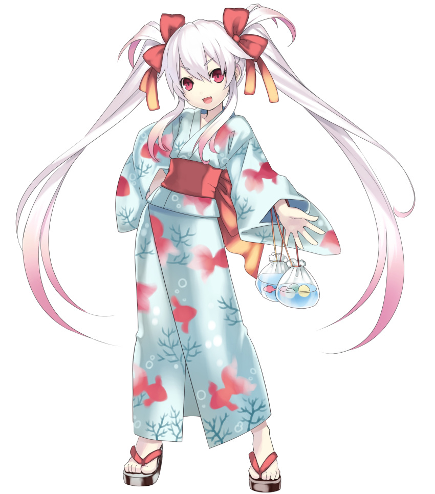 :d absurdres albino alternate_costume bag bow child cross_edge eruma feet fish flat_chest goldfish gradient_hair hair_bow hand_on_hip highres hips japanese_clothes kimono long_hair long_sleeves multicolored_hair obi official_art open_mouth pink_eyes pink_hair sandals simple_background smile solo standing tsunako twintails very_long_hair white_hair yukata