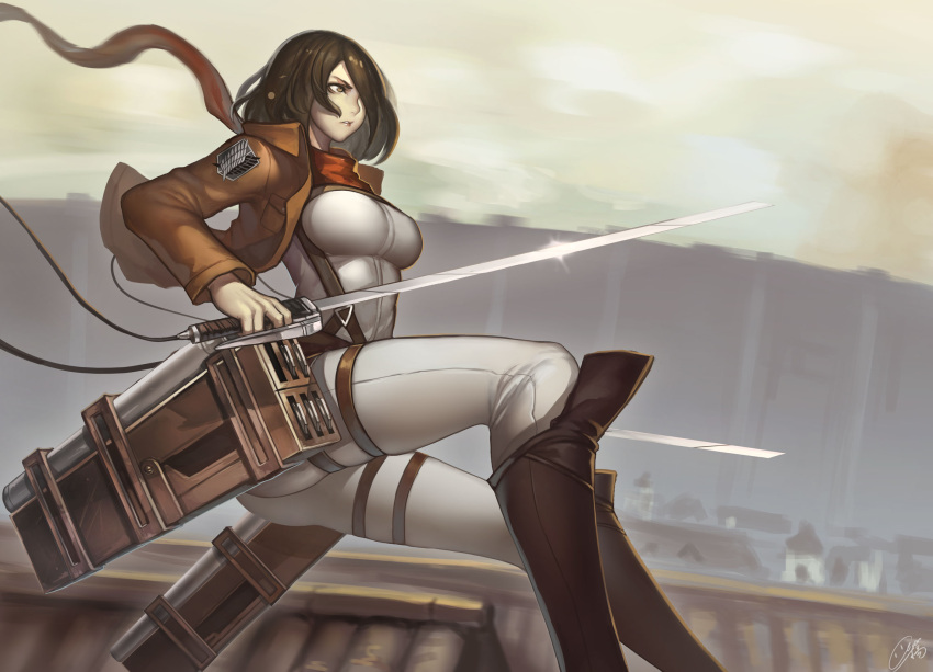 1girl black_eyes black_hair blade boots breasts building cable dual_wielding emblem evan_yang highres jacket knee_boots large_breasts mikasa_ackerman pants parted_lips scarf serious shingeki_no_kyojin short_hair signature solo suspenders sword thigh_strap three-dimensional_maneuver_gear wall weapon