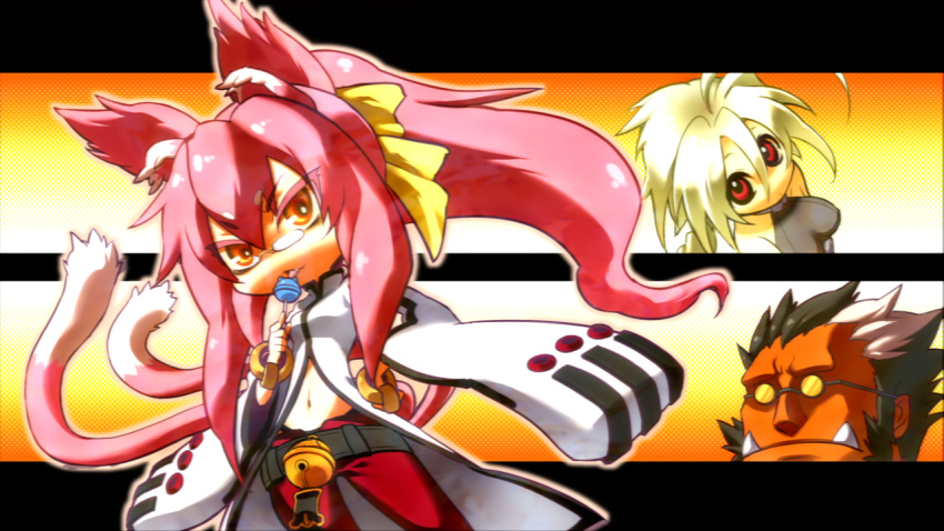 ahoge animal_ears blazblue blonde_hair bodysuit braid breasts candy cat_ears cat_tail chibi glasses halter_top halterneck highres impossible_clothes impossible_clothing iron_tager kokonoe lambda-11 lollipop multiple_tails navel pince-nez pink_hair red_eyes single_braid sunglasses tail yellow_eyes