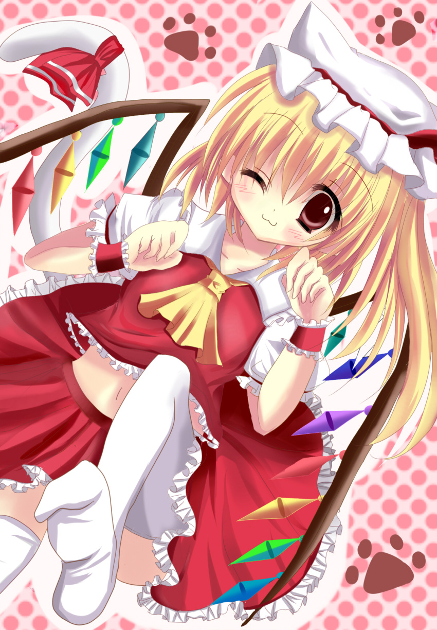 :3 animal_ears ascot blonde_hair blush cat_ears cat_pose cat_tail censored convenient_censoring flandre_scarlet hane. hat hat_with_ears highres kemonomimi_mode midriff navel no_panties paw_pose red_eyes ribbon shirt skirt skirt_set solo tail tail_ribbon the_embodiment_of_scarlet_devil thigh-highs thighhighs touhou white_legwear wings wink wrist_cuffs wristband zettai_ryouiki