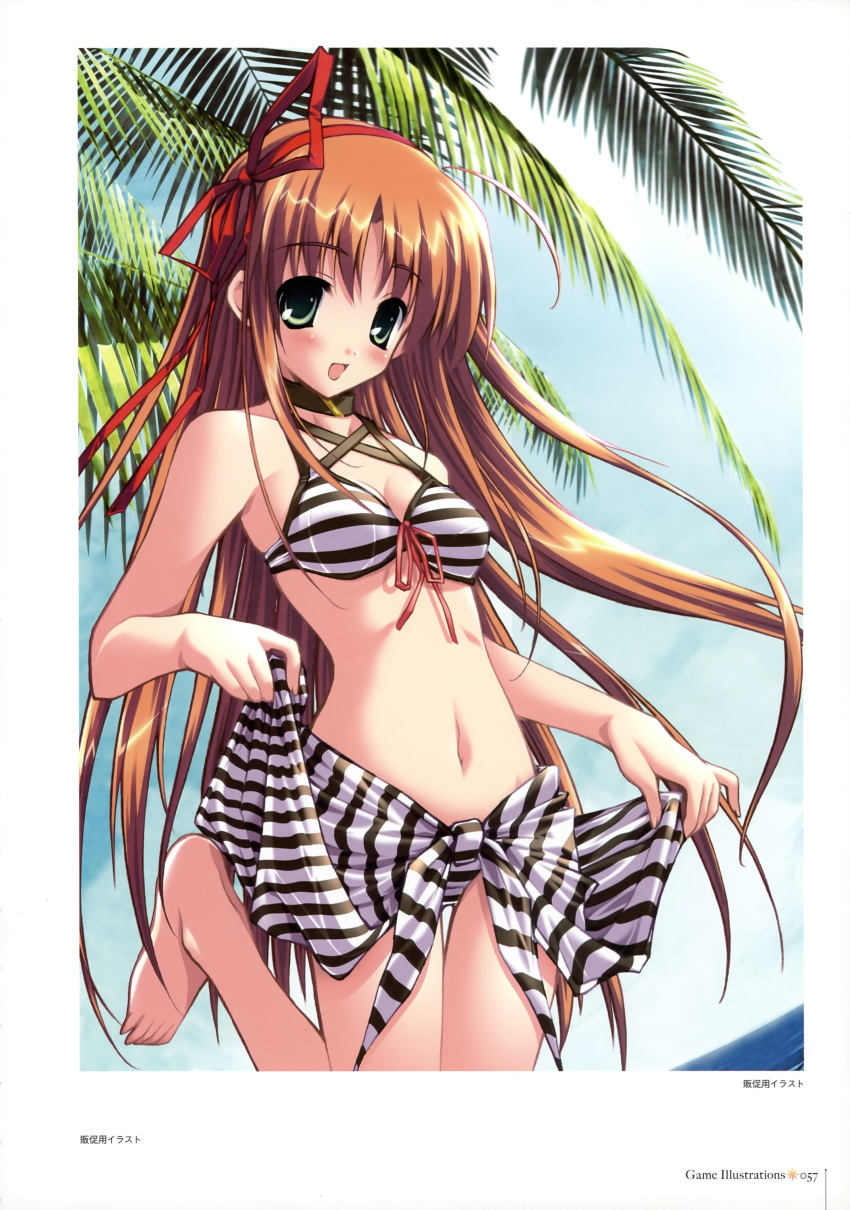 alpeggio amane_sou barefoot bikini blush breasts brown_hair cleavage front-tie_top green_eyes highres kitami_chisato long_hair navel open_mouth palm_tree sarong striped striped_bikini striped_swimsuit swimsuit thigh_gap tree