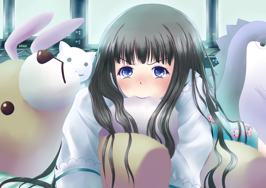 black_hair blue_eyes bunny computer highres kami-sama_no_memo-chou kamisama_no_memochou long_hair monitor nekoya_kazuya pillow_bite rabbit shionji_yuuko stuffed_animal stuffed_toy tears teddy_bear very_long_hair