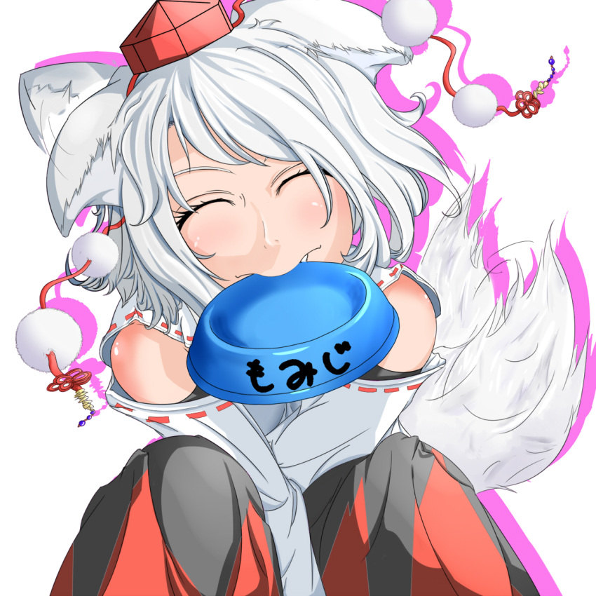 animal_ears bowl closed_eyes dekorute detached_sleeves ear_wiggle eyes_closed hat highres inubashiri_momiji mouth_hold skitty solo tail tail_wagging tokin_hat touhou v_arms wolf_ears wolf_tail