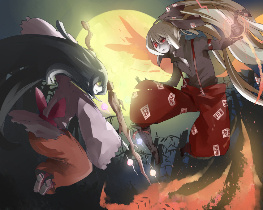 absurdres bamboo battle black_hair boots bow branch clenched_hand cross-laced_footwear fiery_wings fire fist fujiwara_no_mokou full_moon hair_bow highres hime_cut houraisan_kaguya jeweled_branch_of_hourai jumping long_hair long_sleeves minmin_(neko4339) moon multiple_girls night pale_skin pants ponytail profile red_eyes rivalry rivals silhouette suspenders tail touhou white_hair wide_sleeves wings yellow_eyes