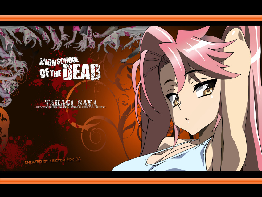 cleavage highschool_of_the_dead pink_hair takagi_saya watermark