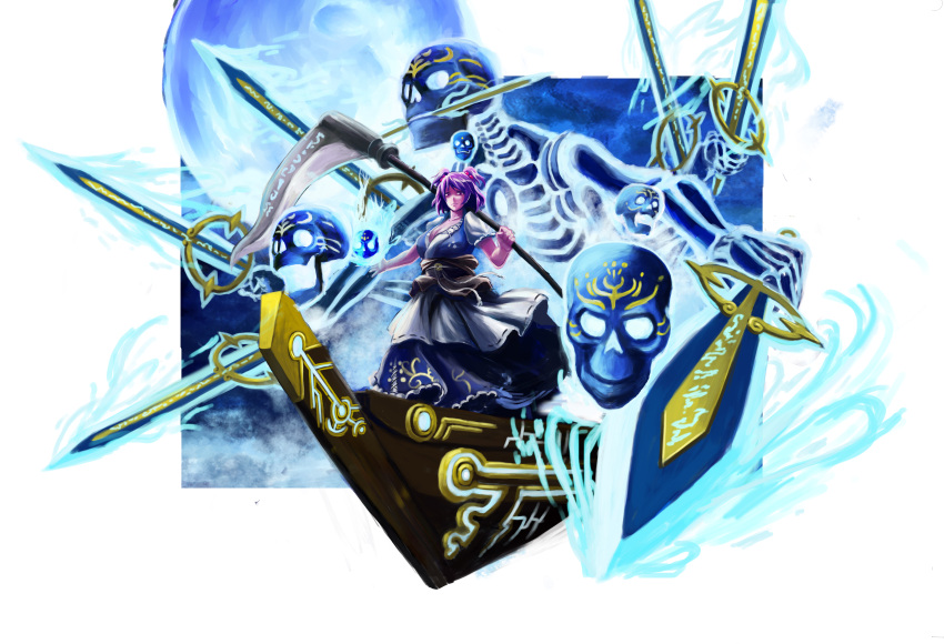 absurdres boat breasts cleavage hair_bobbles hair_ornament highres onozuka_komachi red_eyes red_hair redhead short_hair skeleton skull solo sword touhou twintails weapon yamaguchi_yoshimi