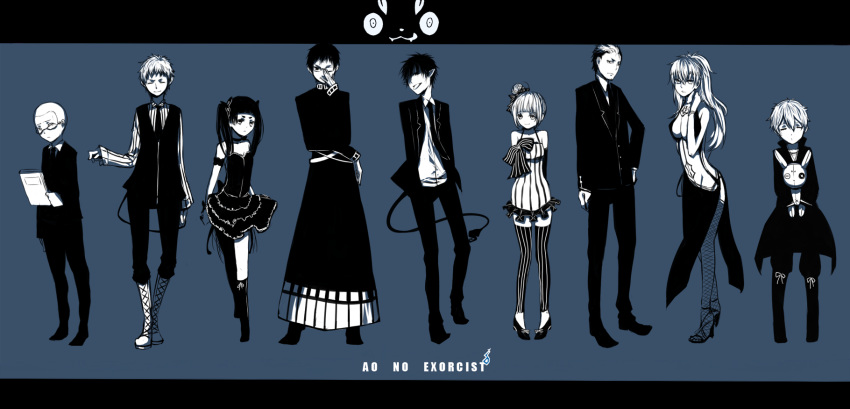 adjusting_glasses alternate_costume alternate_hairstyle ao_no_exorcist blacky book boots closed_eyes eyes_closed fishnets glasses highres kamiki_izumo kirigakure_shura kuro_(ao_no_exorcist) lineup miwa_konekomaru monochrome moriyama_shiemi multicolored_hair necktie okumura_rin okumura_yukio pointy_ears shima_renzou stuffed_animal stuffed_toy suguro_ryuuji tail takara_(ao_no_exorcist) thighhighs tongue utm