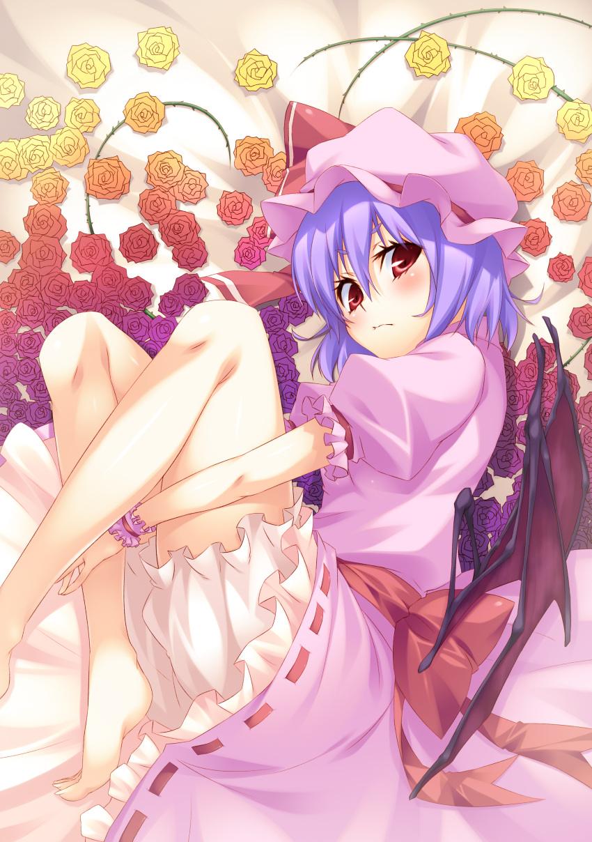 absurdres bare_legs barefoot bloomers bow bz_(pixiv) dress fetal_position flower hat highres kokonoe_shuu large_bow lavender_hair leg_hug looking_at_viewer lying on_side red_eyes remilia_scarlet rose solo touhou vines wings wrist_cuffs