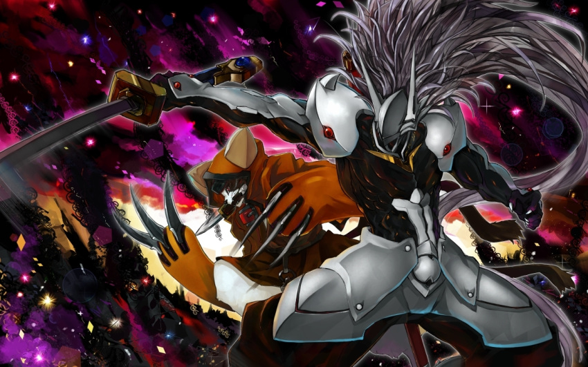armor blazblue cat_hood claws gond hakumen hood jubei_(blazblue) long_hair male mask multiple_boys multiple_tails outstretched_arm red_eyes silver_hair sword tail weapon
