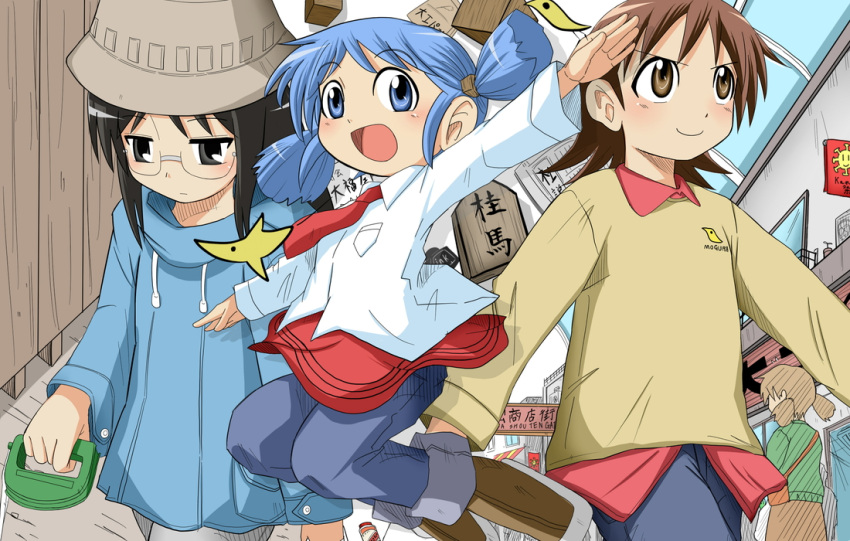 aioi_yuuko black_eyes black_hair blue_eyes blue_hair brown_eyes brown_hair hair_cubes hair_ornament hat jijiani minakami_mai multiple_girls naganohara_mio necktie nichijou shijiani skirt smile