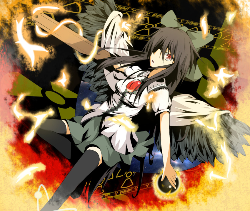 arm_cannon bow brown_hair cape caution hair_bow long_hair radiation_symbol red_eyes reiuji_utsuho skirt solo thigh-highs thighhighs third_eye touhou vector1005 weapon wings