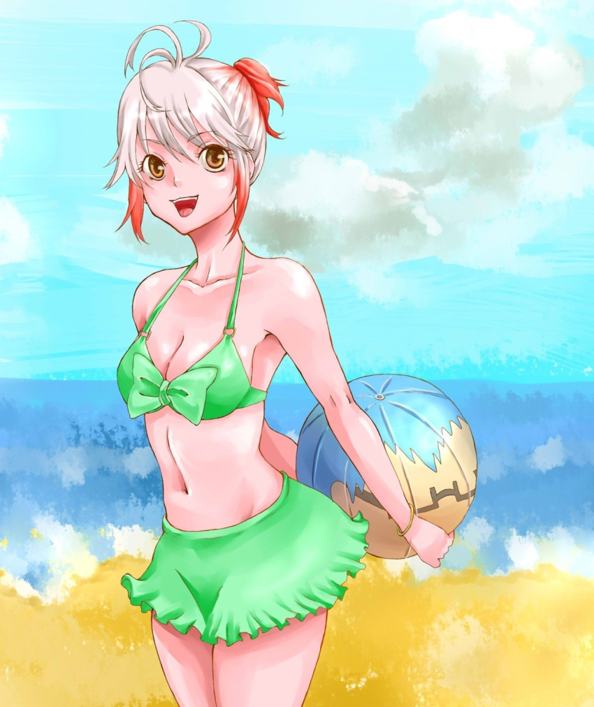 ahoge alternate_hairstyle bad_id ball beachball bikini bikini_skirt bom_(kinokokun) bow bracelet breasts brown_eyes cleavage cloud front-tie_top gradient_hair happy highres jewelry multicolored_hair navel open_mouth pascal payot ponytail red_hair redhead short_hair sky smile solo summer swimsuit tales_of_(series) tales_of_graces water white_hair