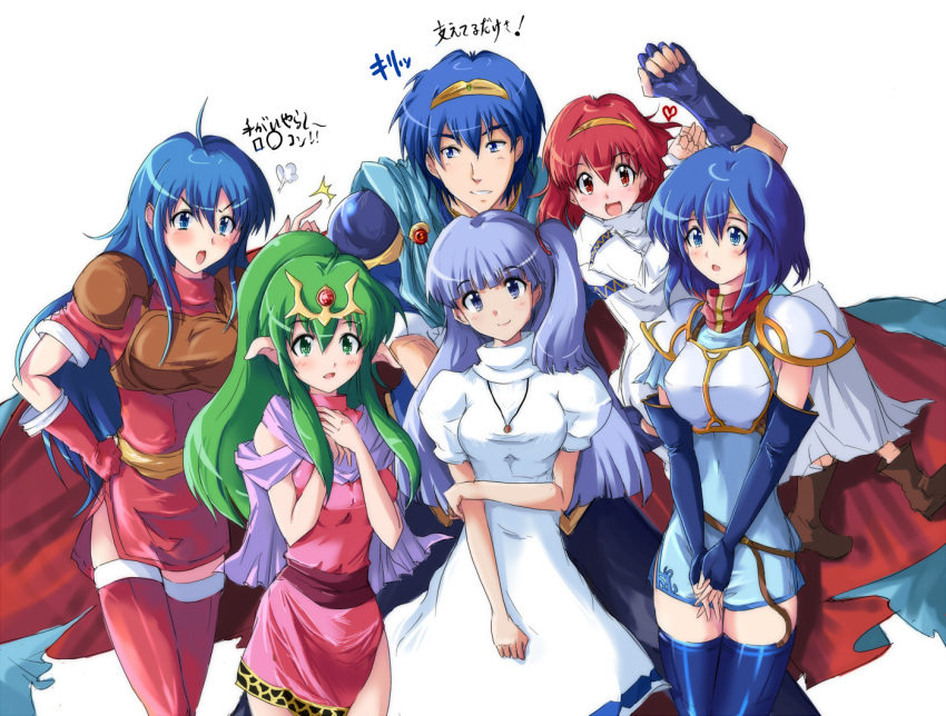 5girls angry arm_grab arm_holding armor blue_eyes blue_hair blush boots cape character_request chiki chiki_(fire_emblem) dress echizen elbow_gloves fingerless_gloves fire_emblem fire_emblem:_mystery_of_the_emblem fire_emblem:_shin_ankoku_ryuu_to_hikari_no_tsurugi fire_emblem_heroes gloves green_eyes green_hair grin hand_on_hip hands_clasped hands_together harem heart hips intelligent_systems jealous jewelry katua long_hair male maleesia maria_(fire_emblem) marth multiple_girls nintendo open_mouth pauldron pauldrons payot pegasus_knight pendant pimp pointy_ears red_eyes red_hair redhead scarf sheeda short_hair shy side_ponytail smile super_smash_bros. thigh-highs thigh_boots thighhighs tiara v_arms zettai_ryouiki