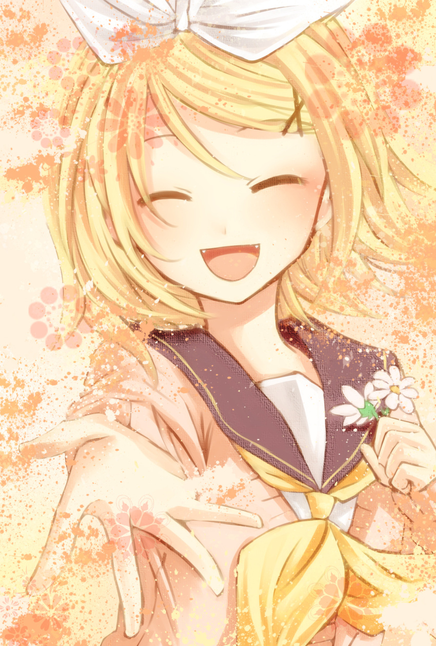 alternate_costume blonde_hair bow bow_tie bowtie fang female first_person flower flowers_in_hand girl hair_bow hairclip happy highres kagamine_rin open_mouth outstretched_hand pov sailor_collar school_uniform seifuku short_hair smile solo vocaloid yayoi yayoi_(yayoi_bittersweet)