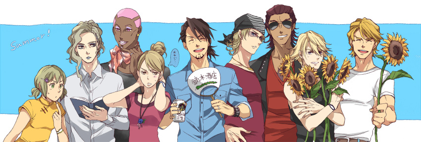 6+boys 7boys alternate_costume alternate_hairstyle antonio_lopez bandana bandanna barnaby_brooks_jr blonde_hair blue_eyes brown_eyes brown_hair chest_hair chinese_clothes closed_eyes dark_skin denim earrings everyone eyes_closed facial_hair fan flower glasses green_eyes highres hiyokko_ep huang_baoling ivan_karelin jewelry kaburagi_t_kotetsu karina_lyle keith_goodman male multiple_boys multiple_girls nathan_seymour necklace paper_fan pink_eyes pink_hair ring short_hair short_twintails stubble summer sunflower sunglasses t-shirt tank_top tiger_&amp;_bunny twintails uchiwa v-neck wedding_band wedding_ring yuri_petrov